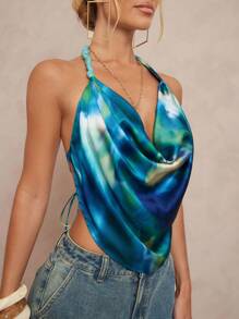 Lumalex 秋季 朴素 复古 风骚 闪光 节日 派对 狂欢 节日 郊游 游泳 度假 波西米亚风 海滩 热门 户外 层次丰富 婚礼 季节 宴会 成人礼 海滩 海滨 女士扎染印花 深 V 领 串珠 露背 背心 围巾上衣 围脖领上衣 露背上衣 扎染上衣 丝绸上衣