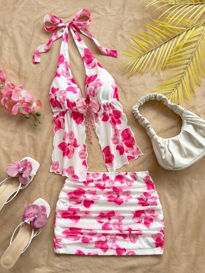 Soleia Women's White And Pink Floral Print Mesh Halter Backless 3D Flower Decor Camisole & Ruched Mini Skirt Set,Boho Summer Beach Vacation No Bra Pads
