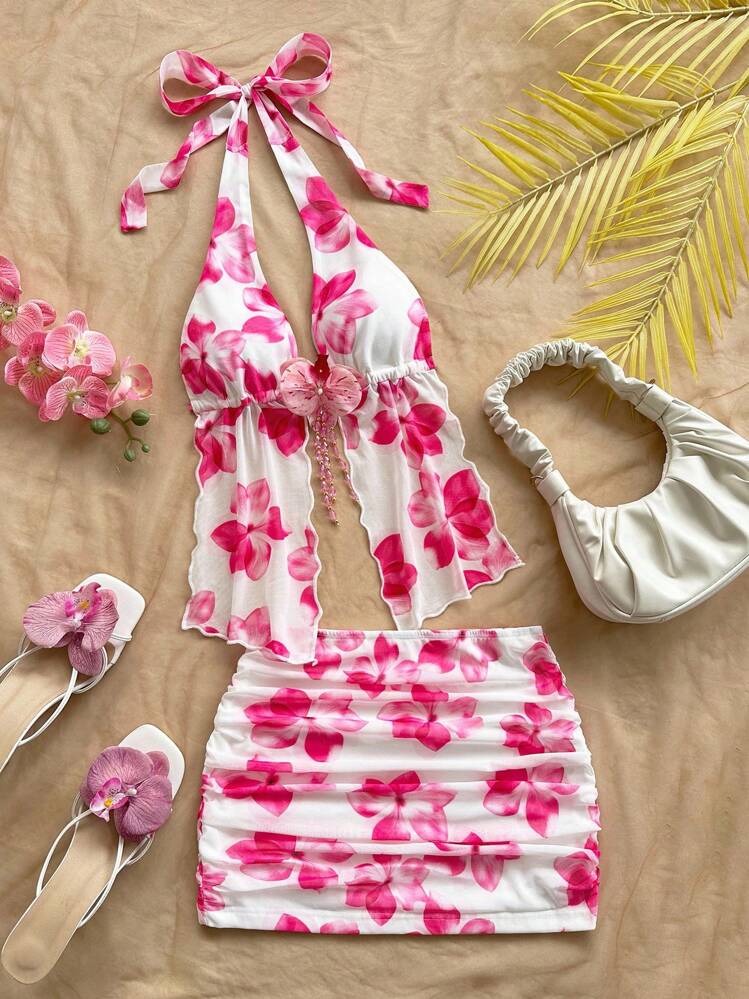 SHEIN WYWH Ladies' Vacation Floral Print Knit Mesh Halter Tie Bow Backless Lace-Up Front 3D Flower Decor Camisole And Ruched Mini Skirt Set, Suitable For Beach, Vacation, Boho Style Two Piece Beach Set Beach Skirt Set Floral Two Piece Set Beach Set For Women Summer Two Piece Set - Pink - View 1