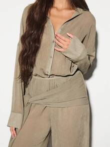 KIZN Oversized Sheer Summer Resort Beach Co-Ord Set Button Down Shirt Palazzo Wide Leg Pants Linen Feel Feel Look Casual Fall Autumn Spring Holiday