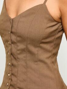 AiiRZ Linen Feel Feel Corset Style Tank Top Sleeveless Button Front Camisole Summer Spaghetti Strap Fitted Blouse Structured Bustier Classic Resort Wear - Brown - View 4