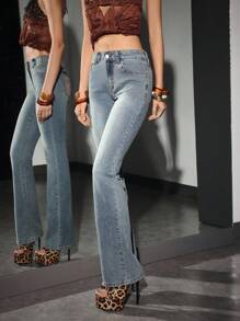 SHEIN Unity Jeans de mezclilla casuales y versátiles con bolsillos acampanados para mujer - Azul - Ver 5