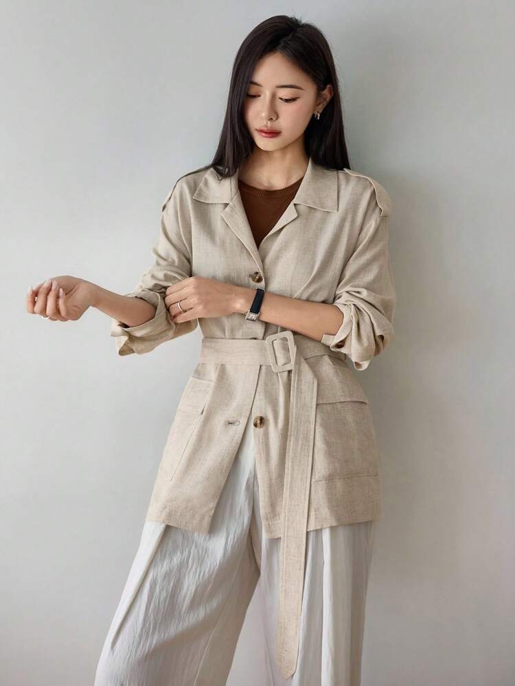 Women's Loose Business Casual Windbreaker Jacket, Short Linen Shirt Style Cardigan With Belt, Simple Solid Color, Suitable For Office Wear, Autumn/Winter,Fall Women Clothes Women Coats