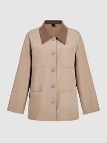 SHEIN MOD Casual Loose Minimalist Front Button Long Sleeve Women's Regular Coat,Autumn,Fall,Back To School,Office Wear,Old Money Style,Best Selling,Homecoming,Oversize,Barn Jacket,Going Out,Country,Business Casual,Work Women,Teacher - Khaki - View 3