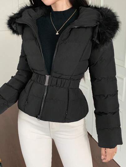 DAZY 女士秋冬修身夹棉大衣，毛茸茸领子，腰部抽绳夹克