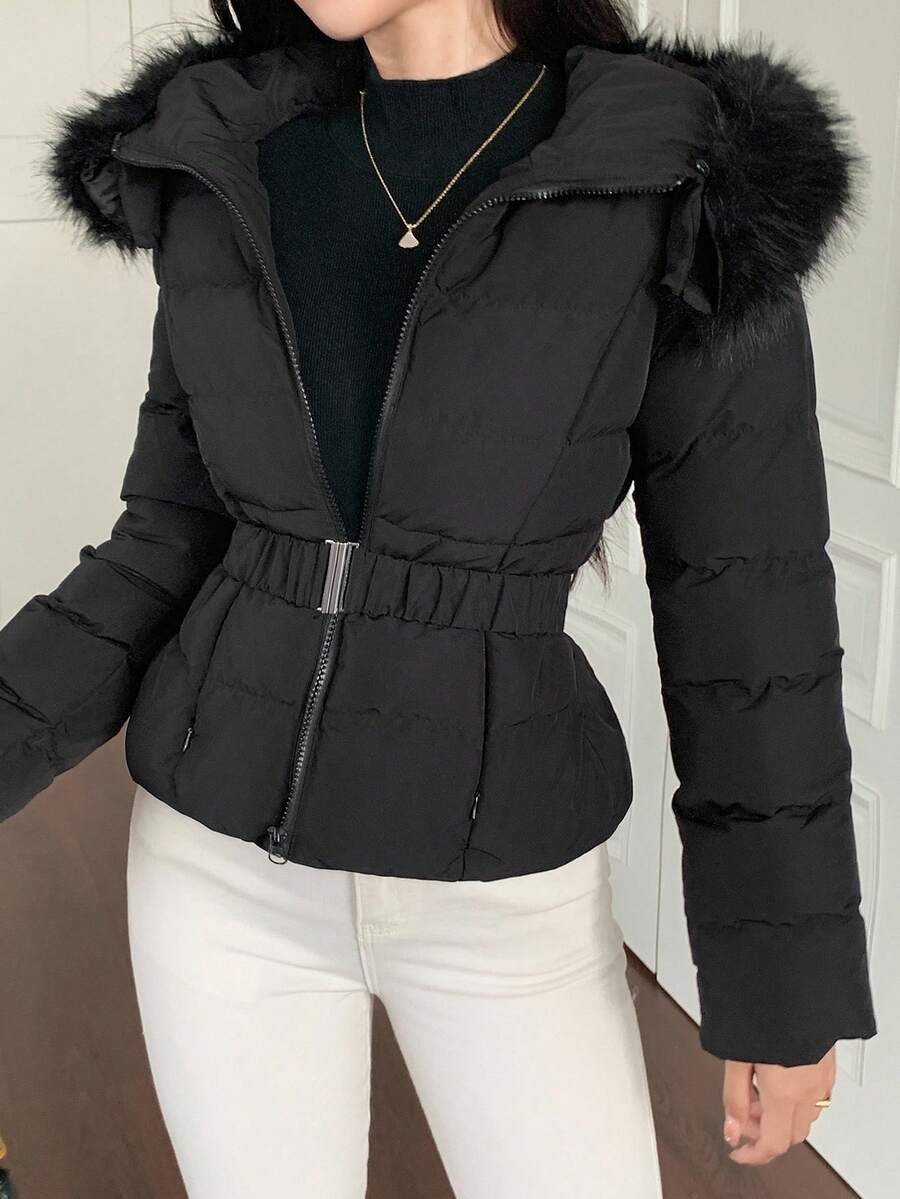 DAZY Women's Autumn/Winter Fitted Padded Coat With Furry Collar And Waist Drawstring Jacket - Black - View 1