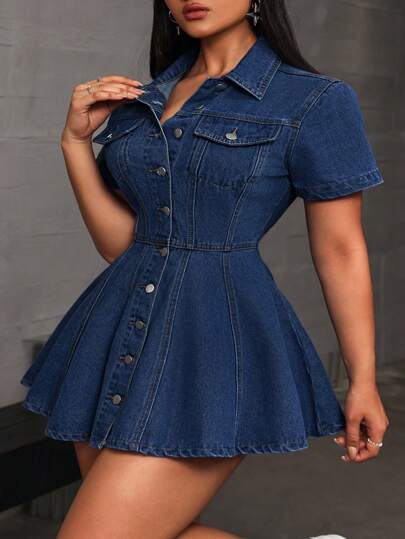 SHEIN SXY Plusstorlek Dam Kortärmad Enkelknapps Casual Denimklänning