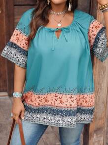 EMERY ROSE Plus Size Vacation Casual Color Block Ditsy Floral Shirt Boho Tops Plus Size Boho Blouses Boho Shirts Women Plus Size Summer Tops Fall Women Country Concert Rave Festival Western Wear Women Top - Multicolor - View 2