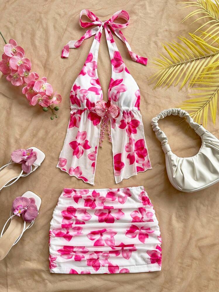 SHEIN WYWH Ladies' Vacation Floral Print Knit Mesh Halter Tie Bow Backless Lace-Up Front 3D Flower Decor Camisole And Ruched Mini Skirt Set, Suitable For Beach, Vacation, Boho Style Two Piece Beach Set Beach Skirt Set Floral Two Piece Set Beach Set For Women Summer Two Piece Set - Pink - View 3