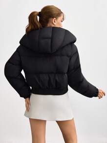 EURMUSE Women Long Sleeve Hooded Short Casual Jacket Buttoned For Fall & Winter - Black - View 2