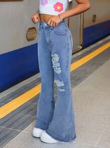 SHEIN Tween Girl Summer Holiday Raw Hem Lilac Washed Ripped High Stretch Cotton Soft Flare Jeans , Summer Vacation Beach Concert Rave, Girls Bell Bottom Jeans, Tween Girls Bell Bottom Jeans, Girls Distressed Bell Bottom Jeans, Tween Girls Medium Wash Bell Bottom Jeans, Girls Wide Leg Jeans Fall Winter - Light Wash - View 7