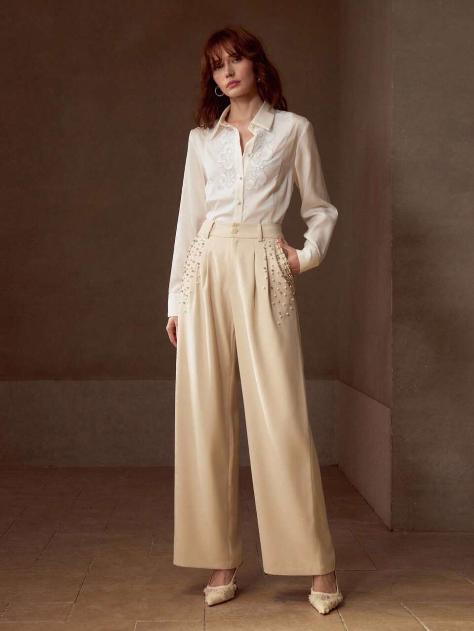 FOLD PLEATED FAUX PEARL DETAIL PANTS