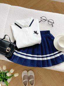 2pcs/Set Young Girl Polo Collar Casual T-Shirt And Pleated Skirt Outfit For School - Multicolor - View 4