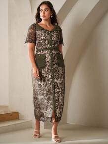 Anewsta Đầm ren dài vừa phải tay ngắn cổ chữ V thắt eo cỡ lớn cho nữ - xanh quân đội - Xem 3