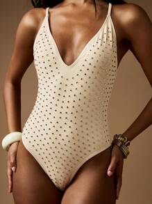 MISSGUIDED 水钻装饰深 V 领连体泳衣夏季海滩泳池派对泳装水晶连体泳衣 - 奶油色 - 查看 1