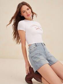 WESTFADE Quần short jean cạp cao may theo phong cách phương Tây, chất liệu denim cotton 91%, dài, viền tua rua, dành cho kỳ nghỉ bãi biển ngày 4 tháng 7 mùa hè - Rửa nhẹ - Xem 1