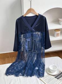 SHEIN EZwear Women Plus Size V-Neck Lace Patchwork Casual Loose Short Sleeve Blouse Plus Size Lace Dress Plus Size Lace Top