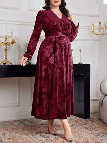 Modelyn Đầm dạ hội dài tay bồng cổ chữ V họa tiết hoa Jacquard cỡ lớn cho nữ - Màu Đỏ Sâu - Xem 3