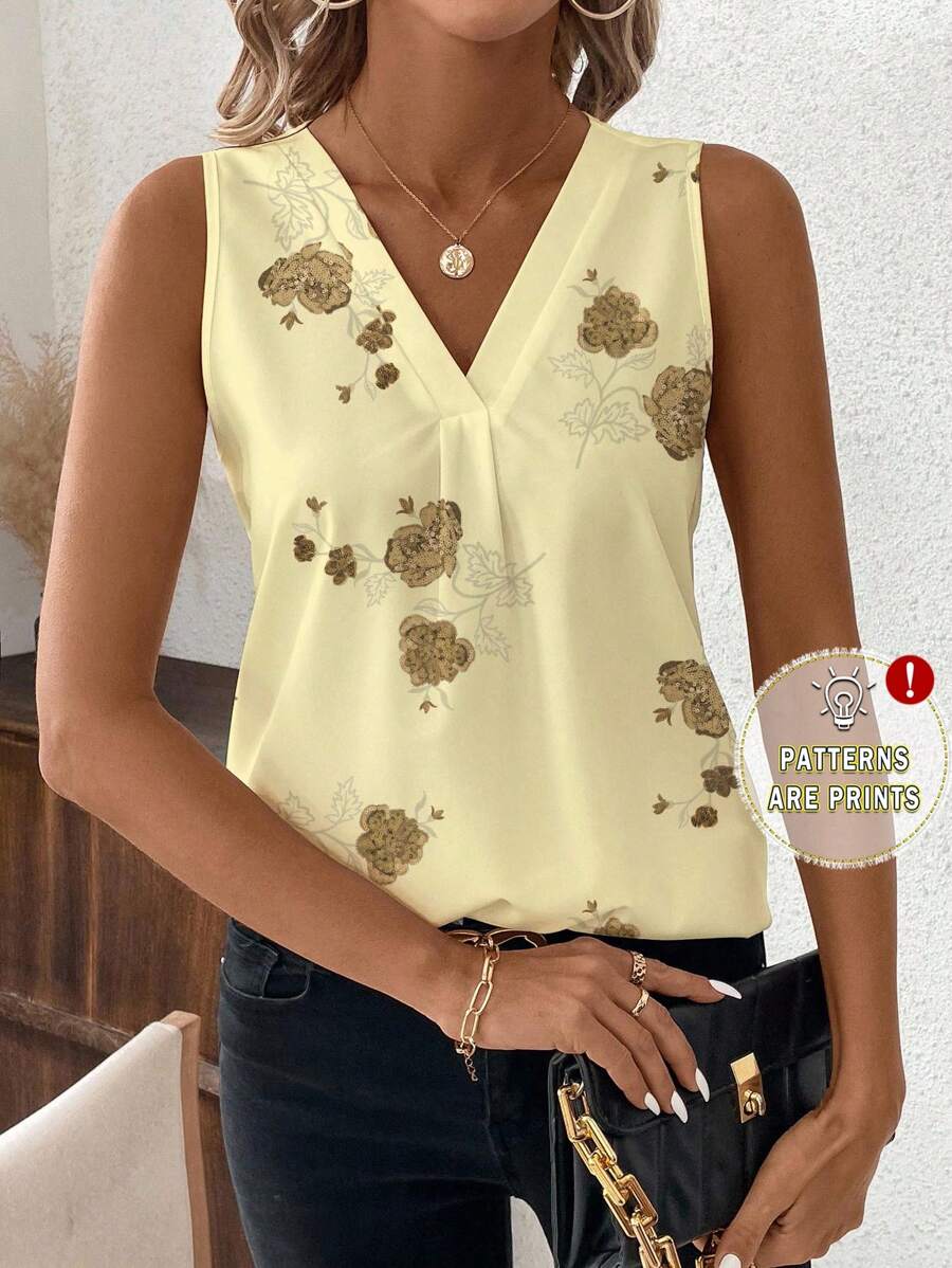 SHEIN Clasi Casual Floral Print V-Neck Tank Top For Women, Suitable For Summer Suitable For Going Out Chic Blouses For Women - Multicolor - View 1