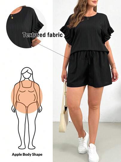 SHEIN Essnce Plus Size Women's Spring And Summer Fashion Casual Loose Comfortable Daily Texture Fabric Black Ruffled Short-Sleeved Top And Ruffled Shorts Two Pieces Set,Vacation Outfits,European Summer,Cruise Women Outfits,Lounge Sets For Women,Pants Set