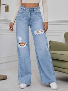SHEIN ICON Washed Denim Blue High Waist Ripped Wide Leg Jeans - Light Wash - View 6