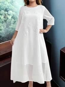 EMERY ROSE Vestido de talla grande para mujer de gasa, cuello redondo, manga 3/4, versión suelta de 2 en 1 con bordado, de largo medio - Blanco - Ver 5