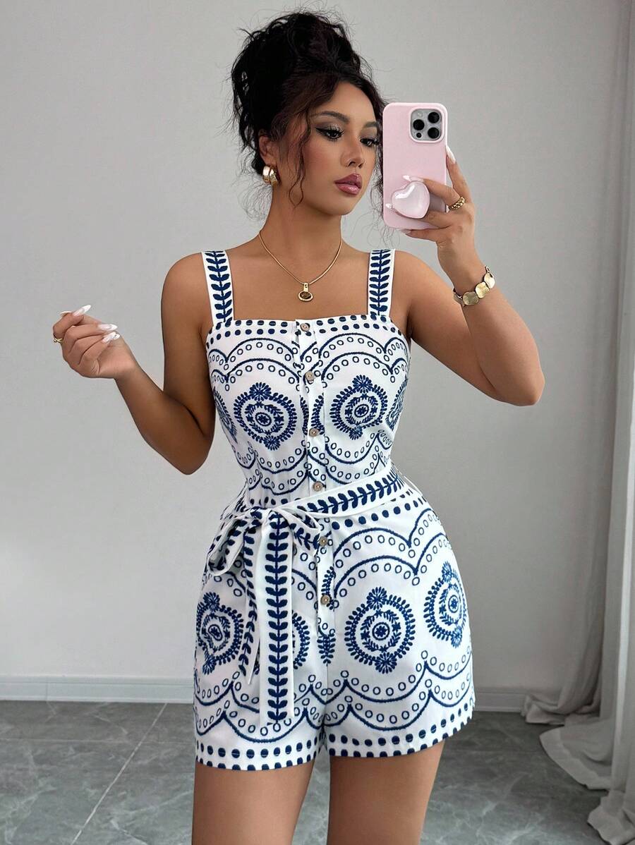 Rafferiza 女士无袖连体裤，采用多巴胺花卉数码印花，时尚百搭，适合假日穿着 - 藍白色 - 查看 1