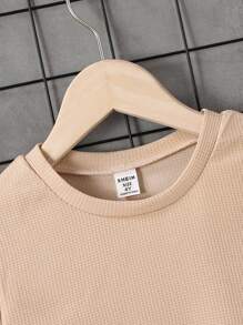 SHEIN 2 sztuki/zestaw dla chłopców, bluza z długim rękawem i okrągłym dekoltem, casualowy zestaw ze spodniami i naszywką waflową, odpowiedni na co dzień, do sportu, na powrót do szkoły, na wiosnę i jesień