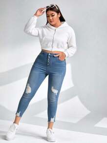 SHEIN CURVE+ Frauen Große Größen Cowgirl Stil Herbst elastische hellblaue abgenutzte ausgefranste Saum Skinny Jeans