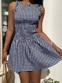 SHEIN EZwear 夏季休闲度假格子褶皱迷你连衣裙 - 藏蓝色 - 查看 5