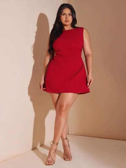 SHEIN BAE Vestido mini rojo fruncido para mujer de talla grande, vestido elegante de playa para primavera/verano, vestido de invitada, vestidos de cumpleaños para mujer, atuendos para salir