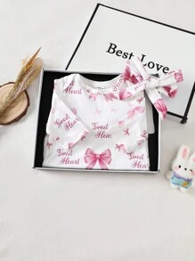 SHEIN Newborn Baby Girl Long Sleeve Romper, Sweet Heat Bow Pattern, Long Sleeve Bodysuit With Headband, Soft And Comfortable Clothing As Gift, Essential For Every Baby, All Season Style, Infant Photography Dress, 100-Day Gift, Cute And Soft Casual Outfit, Newborn 0-9 Months, Suitable For Outdoor And Daily Wear Baby Girl Jumpsuit Newborn Baby Girl Jumpsuit Fall Winter