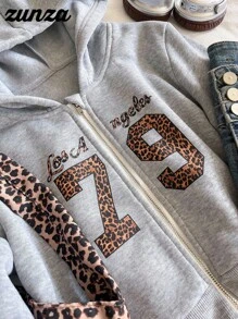 少女休闲百搭连帽卫衣，拉链卫衣，饰有数字、字母和豹纹图案，短款女童猎豹纹卫衣，少女拉链卫衣，女童短款拉链卫衣，女童灰色拉链卫衣，秋冬款 - 灰色 - 查看 3