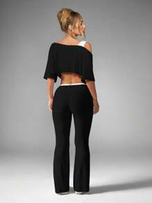 Missguided x Playboy Áo crop top hai dây trễ vai kết hợp quần ống loe cạp cao, thời trang hai mảnh cho trang phục thường ngày theo phong cách đô thị đương đại - màu đen - Xem 2