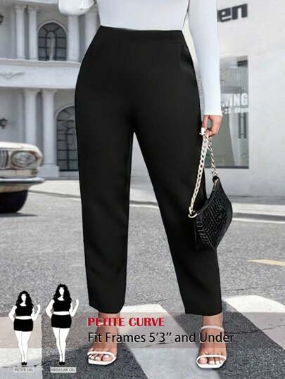 SHEIN PETITE 大码女式商务套装黑色紧身裤，优雅办公室正装裤，修身版型，适合通勤、商务