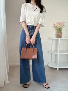 FRIFUL Women's Mesh Hollow Contrast Color Frill Trim Relaxed Fit Casual Cute Loose Short Sleeve T-Shirt, Spring/Summer Eyelet Top Summer Tops Short Sleeve Tops Knit Tops Women Tops - Beige - View 3
