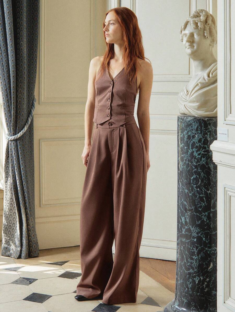 lacRébo 棕色修身阔腿裤，前褶低腰，教师装，办公室装 - 棕色 - 查看 1