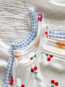 3pcs/Set Newborn Baby Girl Cute Knitted Plaid & Floral Pattern Strap Bodysuit For Summer Print - Multicolor - View 4