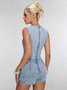 Jeanoix 圆领弹力带修身洗水牛仔连身连衣裙 - 淺色水洗藍 - 查看 2