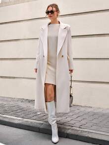 CLARA VERO Áo khoác dài thanh lịch hai hàng khuy có ve áo khoét và túi có nắp, sạch sẽ, vừa vặn và phù hợp với mùa đông - trắng - Xem 4