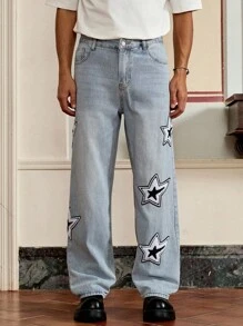 Mainfolk Men's Straight Leg Casual Jeans With Pentagram Patch Pockets - Blue - View 3