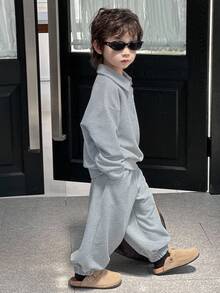 DAZY 2 件套儿童男童休闲 Polo 领运动衫和运动裤套装，宽松华夫格面料，秋季