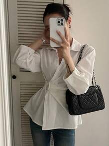 DAZY Áo cánh dài tay cổ xéo ve ôm màu trơn dành cho nữ, thường ngày thanh lịch, mùa thu - trắng - Xem 7