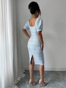 Elenzga Flare Sleeve Sweetheart Neck Waisted Bodycon Elegant Romantic Dress For Women - Blue - View 2