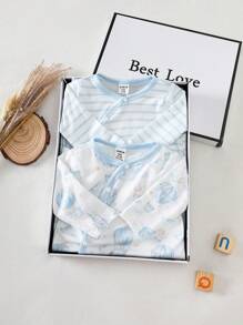 SHEIN 两件套卡通印花长袖连体衣，适合新生儿和男孩，面料舒适简约，适合居家送礼 - 彩色 - 查看 3