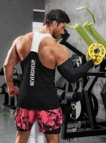 GymBeat 男士运动无袖运动 T 恤、吊带、背心 - 训练和健身房和健身垂袖剪裁吸湿排汗、透气、速干黑色常规剪裁面料圆领中度弹力 - 男士字母印花撞色圆领运动背心健身上衣健身房上衣透气 - 黑色 - 查看 6