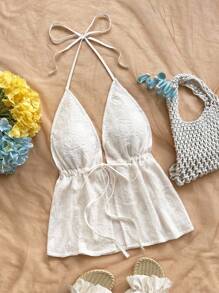 Soleia Débardeur décontracté blanc texturé avec cœur romantique, dos nu, convenant pour les vacances, le thé de l'après-midi, la saison des mariages, les fêtes, la plage, les vacances de printemps/été, les croisières, les festivals de musique, le style bohème - Beige - Voir 5