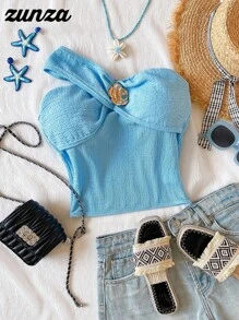 Top tubo asimétrico de cuello de moda para adolescentes, atrevido estilo de verano - Azul - Ver 6