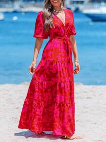 Sylviya 高开叉公主袖红色花卉印花束腰 A 字连衣裙，适合春夏季女士正式派对礼服女士度假礼服女士长裙德比裙红色连衣裙优雅，女士夏季连衣裙 - 紅色 - 查看 5