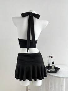 SHEIN Unity 2pcs/Set Casual Black Halter Tank Top And Mini Skirt Outfit, Vacation Style, Spring/Summer, For Going Out - Black - View 2